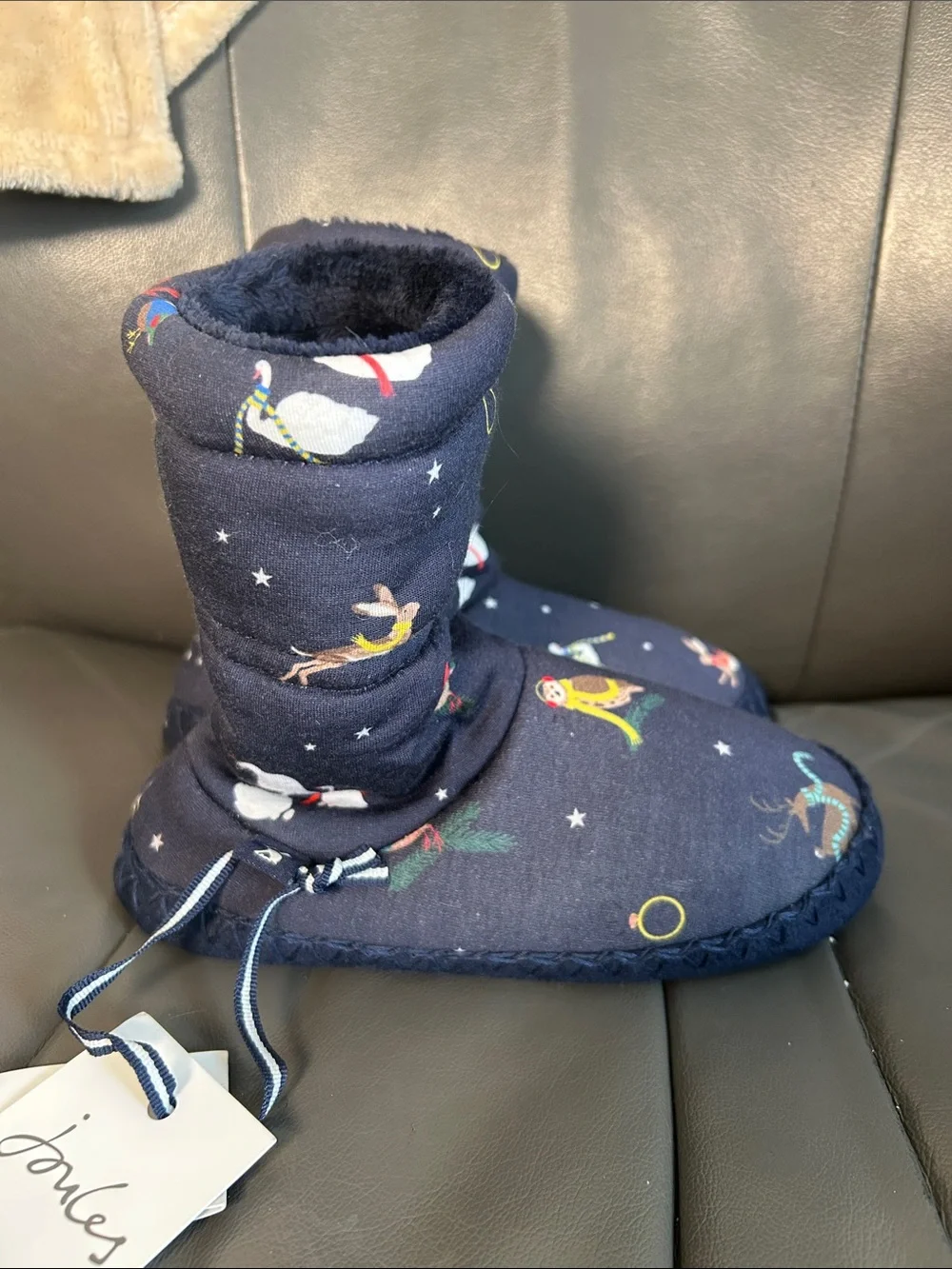 Joules Navy Kids Animal Print Cozy Boot Slippers